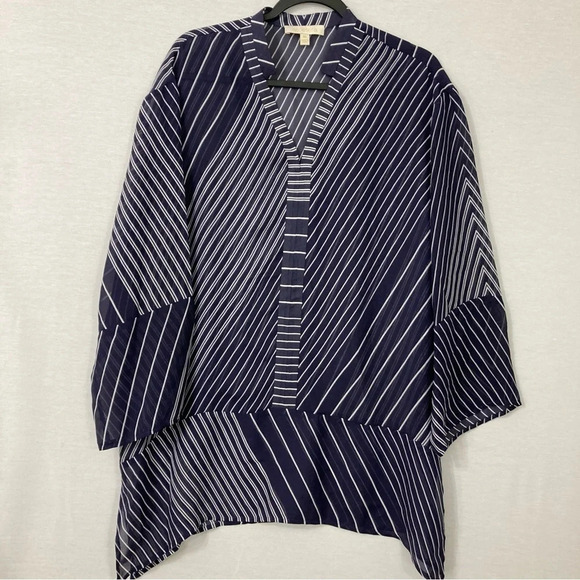 Etcetera Navy White Striped Sheer 100% Silk V Neck Tunic size 10 - Picture 1 of 12